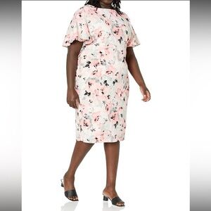 Kasper Pink and Black Floral Midi Flutter Sleeve SLV Sheath Dress NWT 109.00